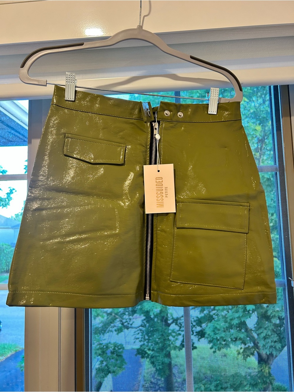 Missguided Olive Green Patent Mini Skirt with Front Zip